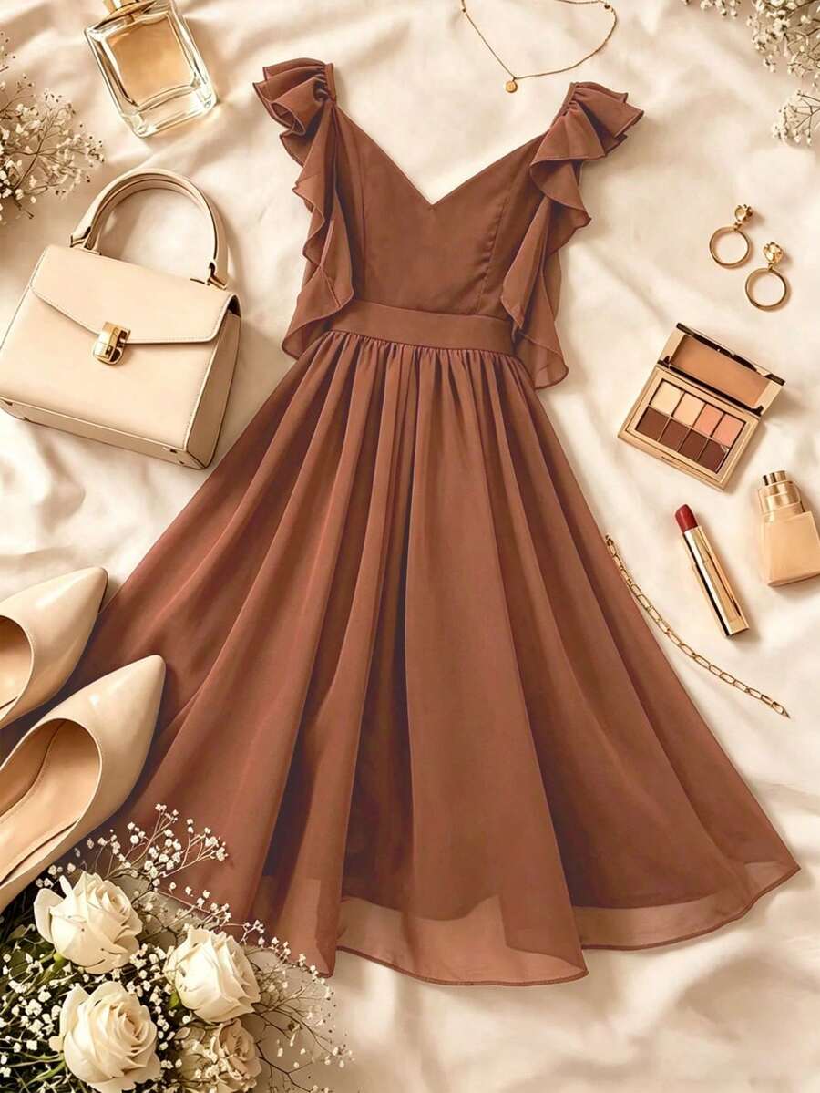 Vestido elegante con cuello en V y volantes en el bajo para mujer - Marrón - Ver 1