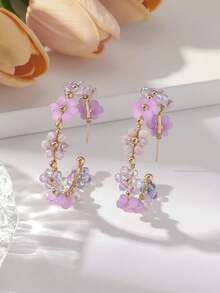 Pair Fashionable Exaggerated Colorful Floral Hoop Earrings For Women, Luxury Delicate Crystal Flower-Shape Earrings, Suitable For Daily, Vacation, Party Wear (Handmade Beads Color And Me - Morado claro - Ver 5