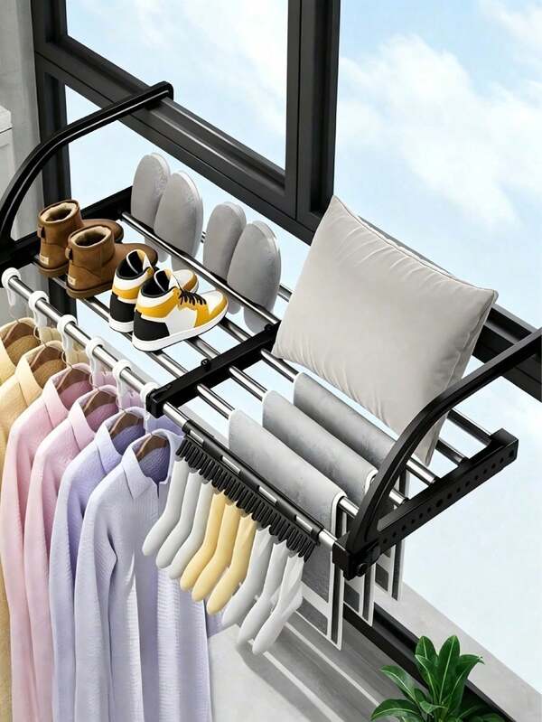 1pc Folding Balcony Clothes Rack With Sock Clips - Retractable Design For Space Saving, Metal Drying Rack, Suitable For Railings, Radiators, Windows And Balconies, Adjustable Clothes Hanger For Both Indoor And Outdoor Use
