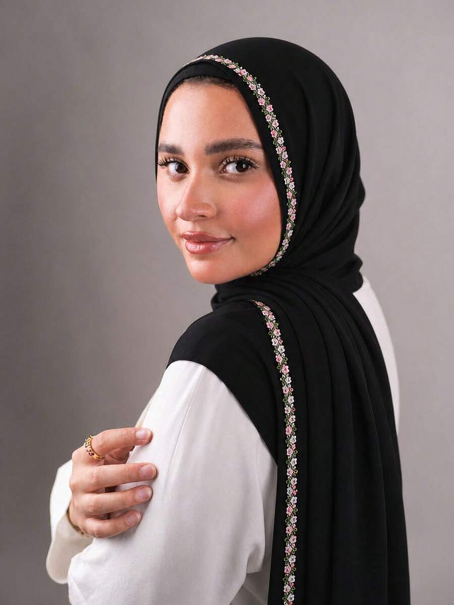 1PC Women's Solid Color Embroidered Chiffon Headscarf, Lightweight Comfortable Versatile Chiffon Headscarf, Suitable For Daily Casual Wear