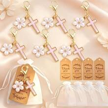 60pcs/20sets Cross Keychain Party Favors, Includes Organza Bags And Thank You Cards, Suitable For Baptism, Christening, First Communion, Wedding, Baby Shower Guest Gifts - Pink Flowers - View 2