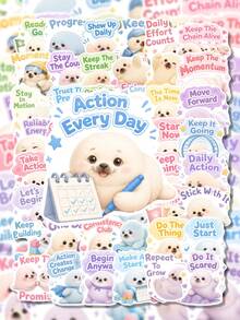 50Pcs Pastel Fluffy Seal Positive Stickers, Calendar, Trophy, Alarm Clock Action Text Decals, Perfect For Planner Layout, Diary Embellishment & Aesthetic Handmade Accessories - Multicolor - View 8