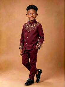 Traje formal para niños, conjunto de 2 piezas con cuello Mao bordado en negro y dorado, para actuaciones, pasarela y uso en fiestas - Burdeos - Ver 1