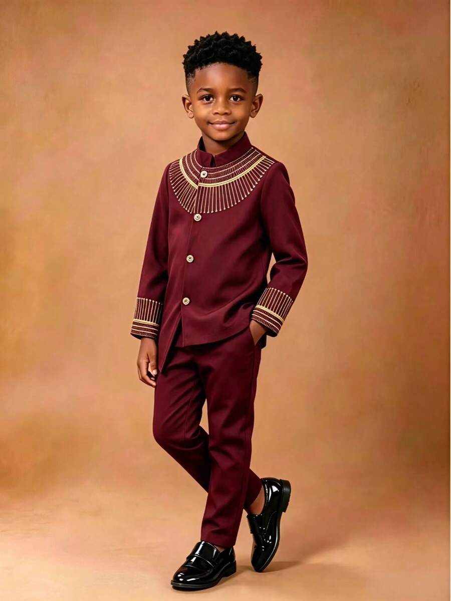 Traje formal para niños, conjunto de 2 piezas con cuello Mao bordado en negro y dorado, para actuaciones, pasarela y uso en fiestas - Burdeos - Ver 1