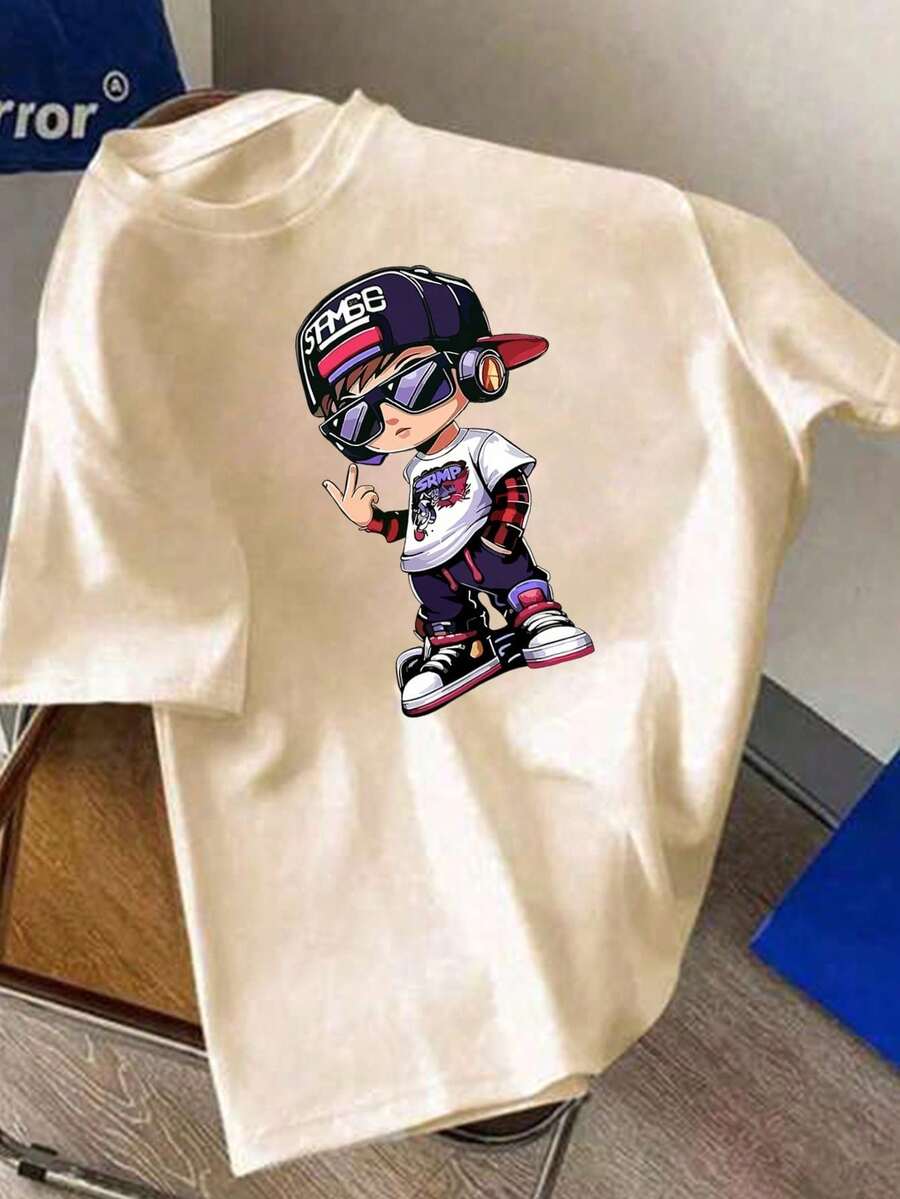 Short-Sleeved T-Shirt With Round Neck And Casual Print For Pre-Teen Boys, Summer Top - Apricot - View 1