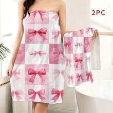 1 Set 4pcs Bow Checkerboard Checkerboard Print Dry Hair Cap Bathrobe Towel Set, Watercolor Hand-Painted Style Pattern, Bathrobe Towel, Dry Hair Towel, Wearable Bath Towel, Women's Bathrobe, Sauna Dress, Bathrobe, Shower Dry Hair Cap, Adult Home Bathrobe Dry Hair Cap Set, Machine Washable, Bathroom Accessories, Bathroom Essentials, Casual Decor, Travel Decor, Gift, Ideal Holiday Gift - Baby Pink - View 20