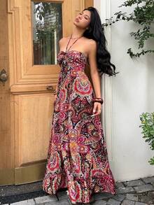 Vestido sin tirantes elegante con diseño de lazo vintage, moda de verano - Azul y blanco - Ver 7