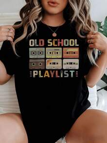 1 Pack Of Women's Casual Cotton T-Shirts With A Retro Cassette Tape Design Depicting A Nostalgic Old-School Playlist, Loved By Fans Of - 黑色 - 查看 1