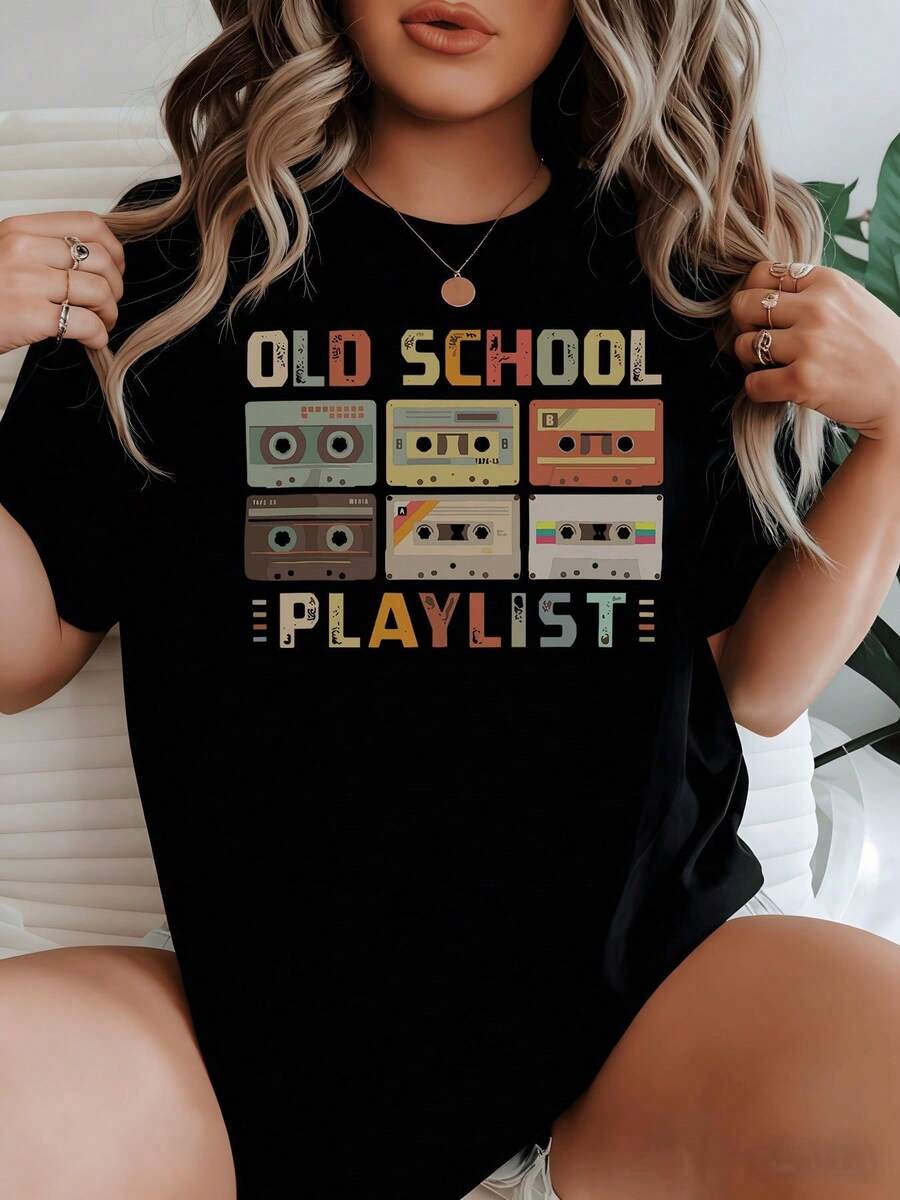 1 Pack Of Women's Casual Cotton T-Shirts With A Retro Cassette Tape Design Depicting A Nostalgic Old-School Playlist, Loved By Fans Of - 黑色 - 查看 1