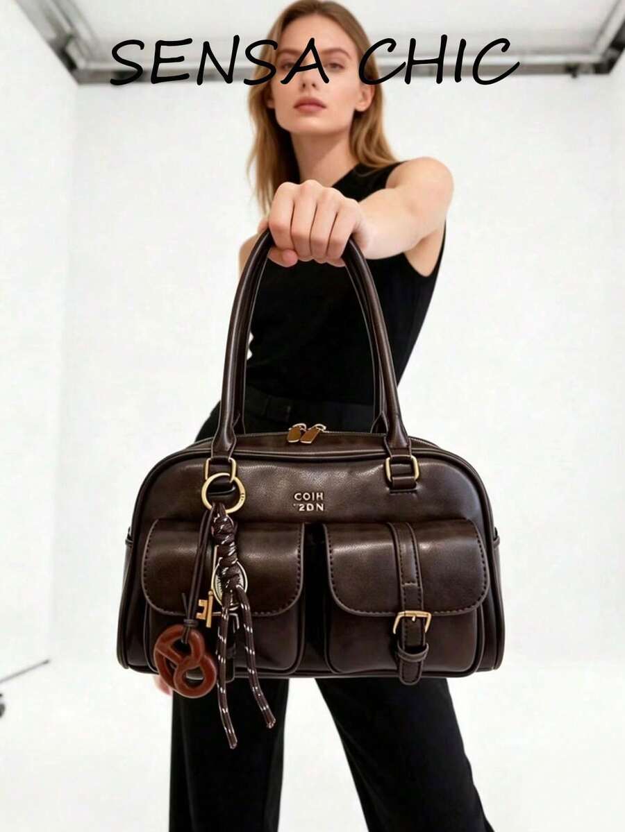 Fashion Classic Versatile Solid Color PU Waterproof Fabric, Letter Pattern Decorative Design, Multi-Pocket, Shell Bag, Shoulder Bag, Underarm Bag With Pendant Decoration Design, Suitable For Travel, Shopping, Commuting, Parties, Dates, And New Year Celebrations.