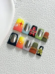 10pcs Gal Style Handmade Press-On Nails, Polygel Nail Art Set, Yellow Green Red Floral, Matte Texture, Red Yellow Blue Black Nail Polish Colors, Minimalist Style, Includes Nail Tools, 3 Sizes Available, Almond/Duck/Coffin Shape, Suitable For Party, Dancing, Daily Wear - 彩色 - 查看 18
