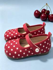 1 Pair Girls 3-13,Red White Polka Dot Single Strap Mary Jane Flats, Pearl Decor Kids Cloth Shoes, Soft Non-Slip Sole For Daily, Wedding & Photo Shoots - Red - View 6