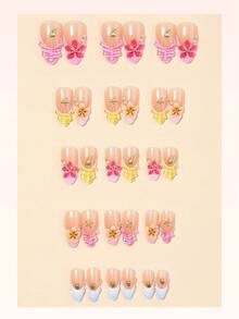 10pcs Shell French Style Nail Stickers, Medium Almond Shape, 3D Flower Water Ripple Rhinestone Design, Y2K Fresh Fashion Style, Glossy Full Coverage Artificial Nails, For Girls Daily Wear - Multicolor - View 3