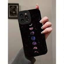 [24h Spedizione da DE/FR/ES] 1 pezzo Custodia per telefono in TPU morbido con stampa di fasi lunari, cielo stellato viola e rosa, glitter nero opaco, antiurto, protezione completa della lente, antigraffio, regalo mistico celeste per donne e amanti dei motivi galattici, regalo ideale per compleanni e festività, compatibile con iPhone 17/17Air/16e/11 Plus Pro Max, Galaxy S21-S26 Ultra Edge Fe Plus & altri telefoni - 1 - Visualizzare 3