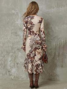 Women's Vintage Western Style Long Sleeve V-Neck Fitted Midi Dress With Ruffle Hem Design - Khaki - View 2