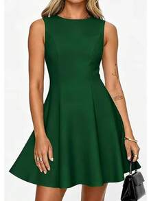 Vestido sin mangas para mujer, cuello redondo, corte ajustado y acampanado, mini vestido con costuras de princesa para trabajo o fiesta de cóctel. - Rosa - Ver 7