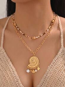 pieza de collar de cuentas hecho mano con conchas marinas naturales blancas, estilo isleñ, diseñmoderno con colgante de concha dorada, adecuado para que las mujeres lo usen en vacacio - Multicolor 11 - Ver 5