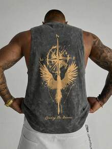 Men's Fashionable Versatile Eagle Compass & Snowflake Print Sleeveless Vest, Summer - Dark Grey - View 1