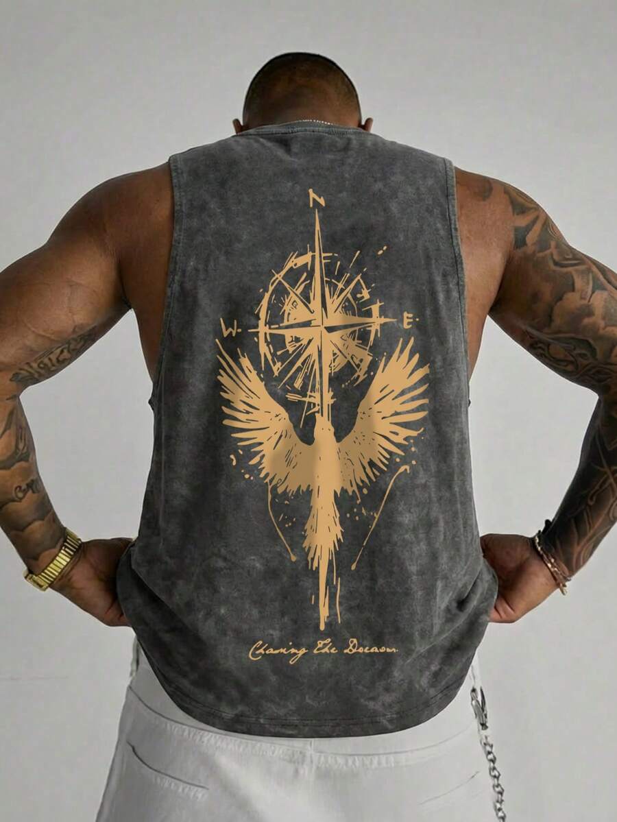 Men's Fashionable Versatile Eagle Compass & Snowflake Print Sleeveless Vest, Summer - Dark Grey - View 1