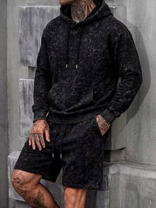 Men's New Casual 2 Pieces Set With Mottled Water-Washed Fabric Hooded Drawstring Sweatshirt And Elastic Drawstring Shorts - Black - View 3