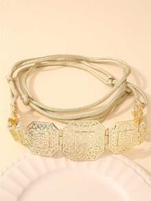 pieza de cadena de cintura de metal con diseñde filigrana hueca, cinturóajustable con cordópara abaya, caftá, bodas, fiestas de noche, accesorio para mujer. - Oro - Ver 1