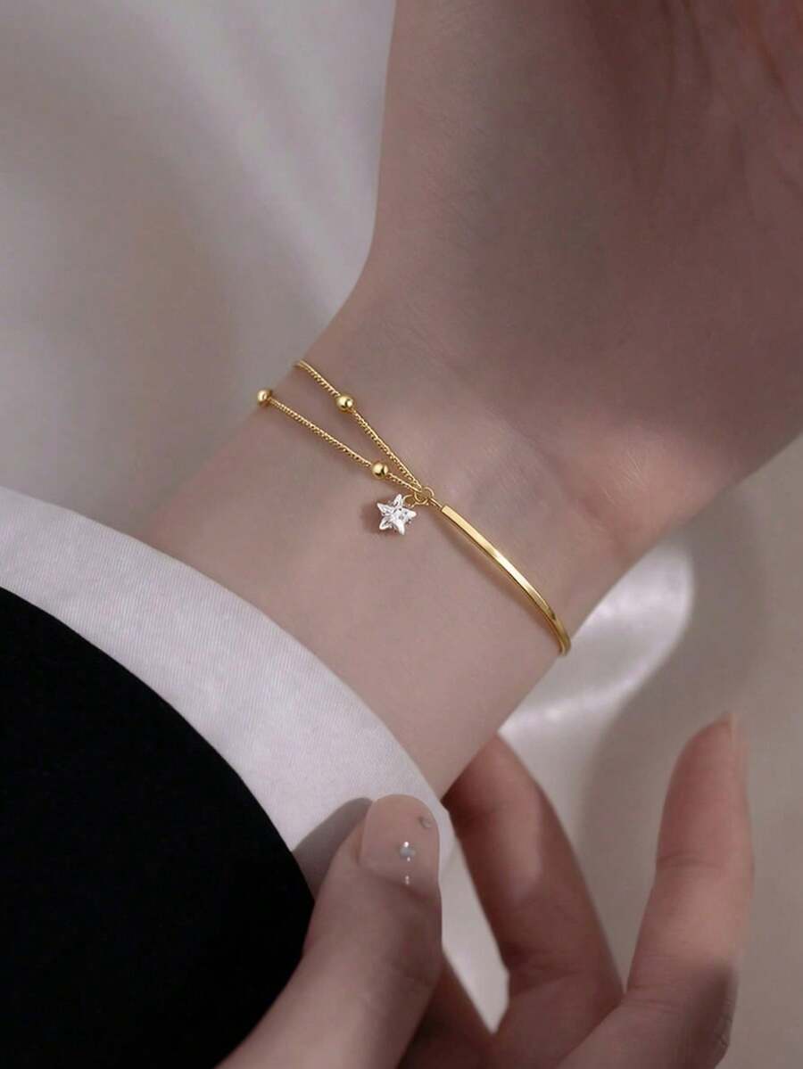 1件裝星星半手鍊半鏈條女款高端小眾極簡Ins風雙層手鍊 - 金色 - 查看 1