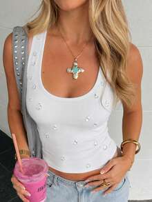 Women's Sexy Cropped Camisole Tank Top With Diamond And Ribbed Design Casual White Summer - White - View 4