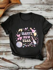 Camiseta estampada de Feliz A?o Nuevo para mujer. Tejido de calidad, corte holgado, estilo casual y transpirable. - Negro - Ver 1