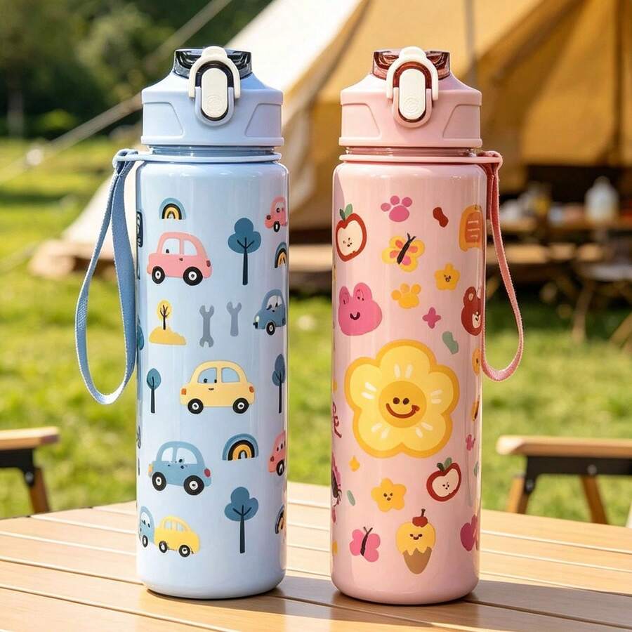 1pc 750ml Cartoon Animal Pattern Printed Summer Water Bottle With Straw Cup, Suitable For Sports, Outdoor, Home, Office, School, Portable And Perfect For Gifting - Multicolor - View 1