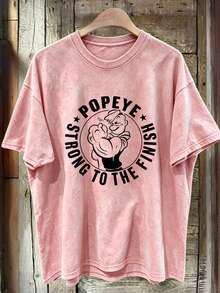 Camiseta de manga corta con cuello redondo para mujer, nuevo estampado de dibujos animados y letras de verano, top casual holgado y versátil, uso diario de moda en color rosa - Rosa - Ver 7