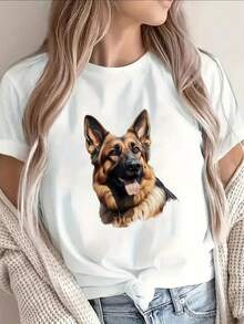 Women's T-Shirt: Short-Sleeved T-Shirt With German Shepherd Print, Durable And Comfortable For Home Or Outdoor Use, Ideal For Casual Wear In The Living Room Or Restaurants. - 黑色 - 查看 7