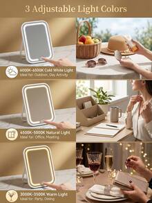 LED Makeup Mirror, Rechargeable With Stand Desktop Mirror, LED Smart Dimmable Portable, Rechargeable Foldable Tabletop Professional Makeup Mirror, Suitable For Dorm Use, Adjustable Brightness, Portable Design Suitable For Handbag And Vanity Use, High Definition Clear Reflection, Precise Makeup, Suitable For Women, Girls, Students And Makeup Enthusiasts Birthday Gift, Mother's Day Gift, Christmas Gift And Holiday Gift (Pink White) - Multicolor - View 6