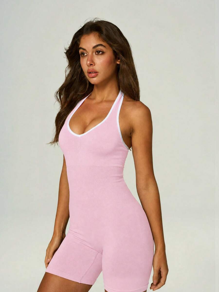 UONNOU Halter Neck Open Back Romper For Women, Contrast Trim Tummy Control Slim Sports Bodysuit - Pink - View 1