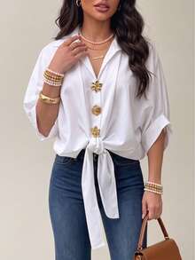 ChicMe Women's Palace Style Lapel Batwing Sleeve Gold Floral Button Front Loose Tie Front Casual Blouse - White - View 8