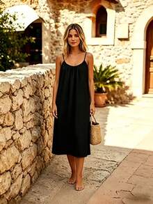 Perfect For Your Vacation! Midi Dress With Thin Straps, Open Back With Drawstring, Lightweight Fabric That Flatters Your Figure. - 黑色 - 查看 5