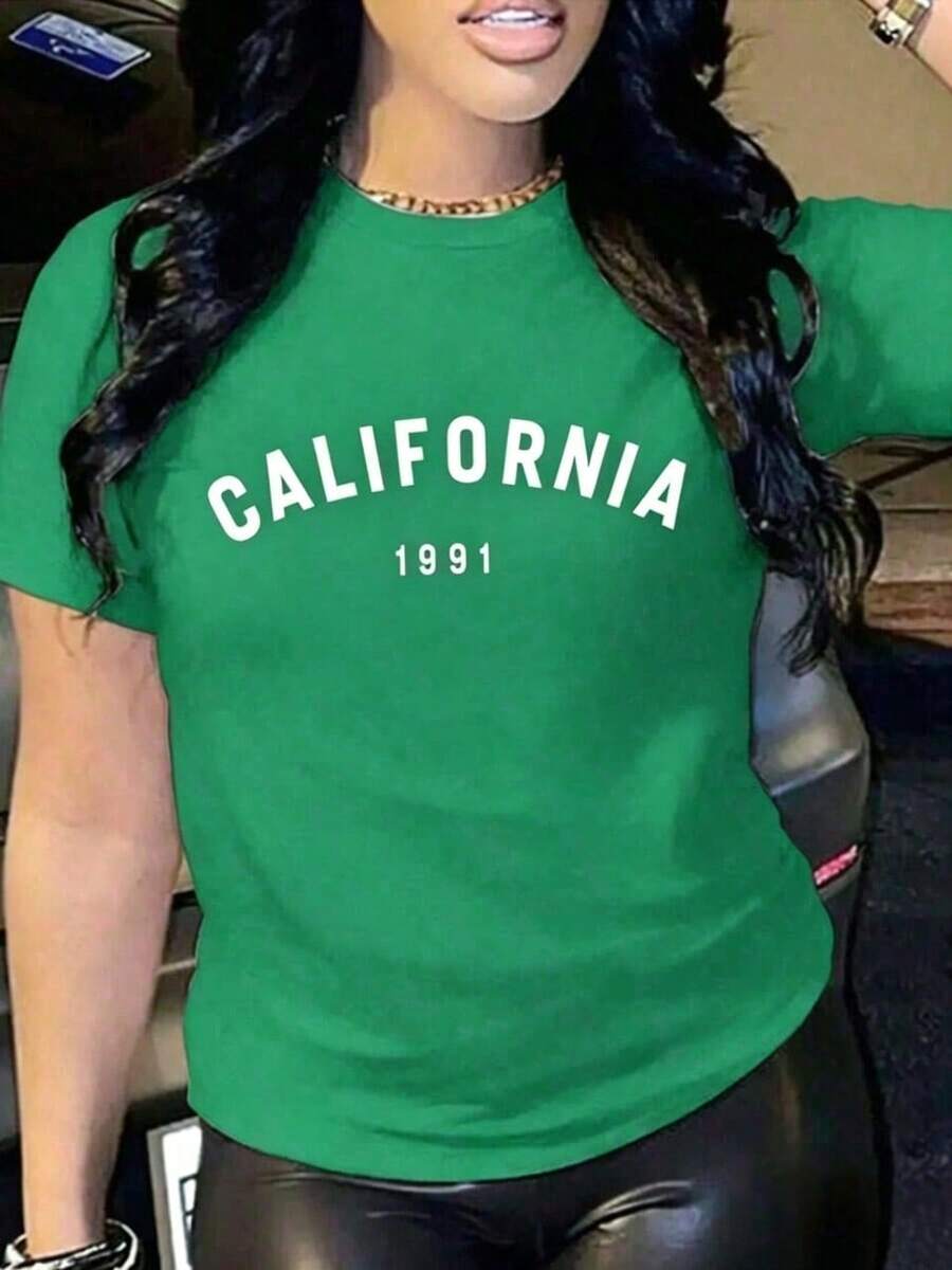 Soft | 1 Women's T-Shirt 100% Breathable Cotton | Casual Loose Fit Short Sleeve Crew Neck T-Shirt For Women With "CALIFORNIA 1991" Print - 綠色 - 查看 1