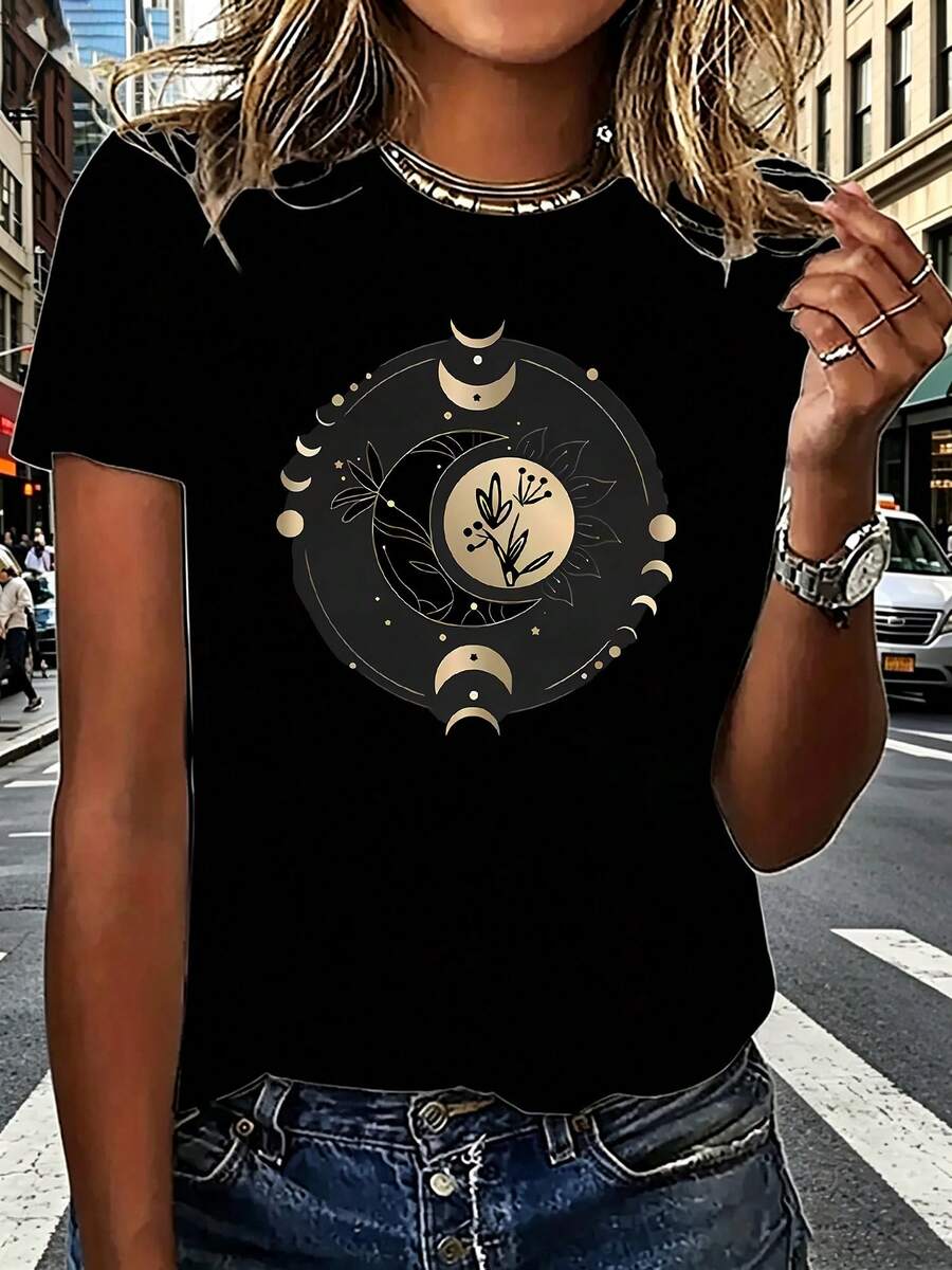 Women's T-ShirtCamiseta de mujer con estallido de estrellas y fases lunares celestiales - Top de manga corta y cuello redondo compatible con blusa | Adecuada para uso diario, gimnasio y at - Negro - Ver 1