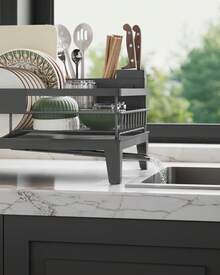 SONGMICS Escurreplatos, Escurridor para Encimera de Cocina, Giratorio 360° y Extensible, con Soporte para Cubiertos, 31 x 42 x 18,5 cm, Gris - Gris - Ver 5