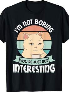 Camiseta con diseño "No soy aburrido, eres tú quien no es interesante" |   Corte regular, cuello redondo, tejido de elasticidad media, patrón estampado, perfecta para hombres, estilo casual - Negro - Ver 1