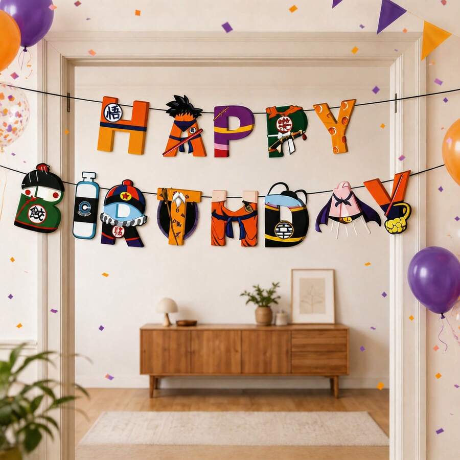 Dragon Ball Character Outfit Happy Birthday Letter Banner, Anime Party Hanging Garland For Wall Backdrop, Cake Table, Photo Area & Celebration Decor - Banner - View 1