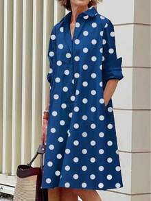 Simple Mid-Length Dress With Sleeves And A European And American Style Print. - 藍色 - 查看 1