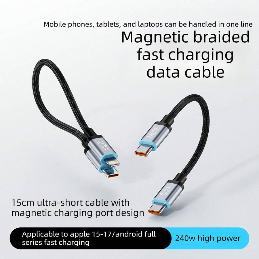 通用磁吸編織短充電線 240W 大電流快充線 PD 27W 電源線,輕巧便攜數位配件,適用於 iPhone、全系列手機及戶外行動電源 - 黑色 - 查看 1