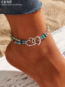 VKME 3pcs/Set Fresh Summer Double Heart-Shaped Seed Bead Multi-Layer Women's Casual Anklet - XH92822752 - View 1