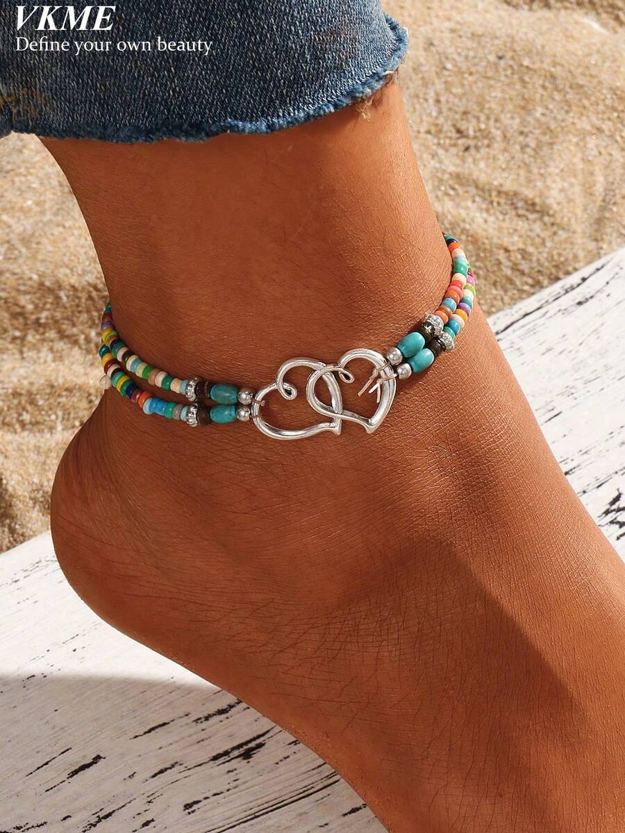 VKME 3pcs/Set Fresh Summer Double Heart-Shaped Seed Bead Multi-Layer Women's Casual Anklet - XH92822752 - View 1