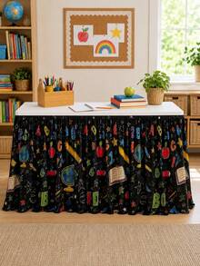 1pc Black School Supplies Print Table Skirt, Colorful Classroom Style Polyester Rectangular Pleated Tablecloth, Back To School Decoration, Teacher Desk Display, Kindergarten Classroom Party, Library Reading Corner - Multicolor - View 3