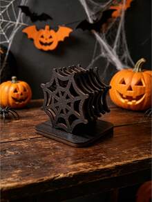 1/4/6Pcs Wooden Halloween Spider Web Coasters With Base, Halloween Tabletop Decor, Multi Sizes Available - Halloween - View 8