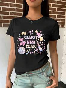 Camiseta estampada de Feliz A?o Nuevo para mujer. Tejido de calidad, corte holgado, estilo casual y transpirable. - Negro - Ver 2