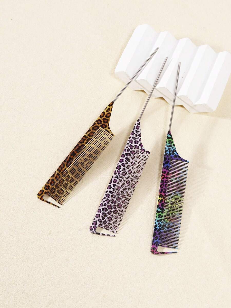 1 pieza Peine de cola puntiaguda profesional, peine de cola puntiaguda con aguja de acero con estampado de leopardo, peine de sección antiestático para teñir el cabello, accesorio de peluquería - Multicolor - Ver 1