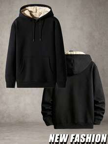 Men's Plain Black Lined Sweatshirt Pullover Featuring Simple Drawstring Hood, Solid Color Long Sleeve H-Fit Sports Top Fall - Black - View 2