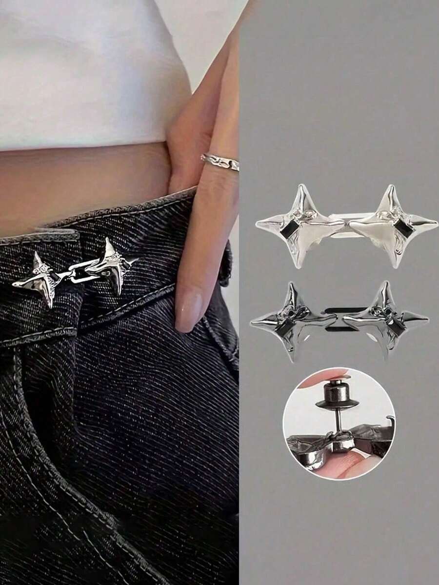 10 Pairs Star-Shaped Denim Belt Clips, Adjustable And Reusable Denim Buckles, Sweet Street Style, Hand Washable, Suitable For Weddings, Parties, Beach, Casual And Sports Occasions, No Feathers, Non-Woven Fabric Material, Rhinestone Decoration, Fashion Four-Pointed Star Waist Clips, Essential Denim Belt Accessory, Adjustable From Large To Small, No Drilling Required. - Star - View 1